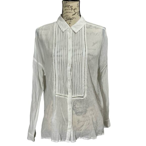 Esley White Linen Pleated Button Up Blouse Long Sleeve Collared Sz Large - Picture 1 of 11